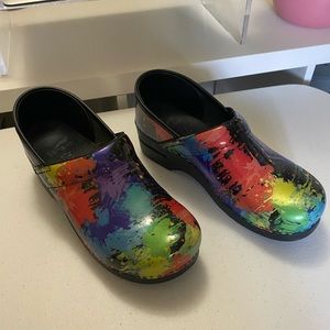 size 40 dansko clog—rainbow splatter print